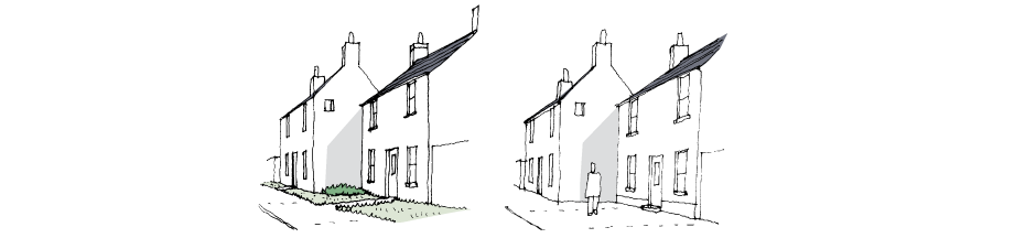 <p>(Left) Indeterminate grassed or planted area in front visually detaches building from street to detriment of townscape </p><p>(Right) A publicly accessible paved area forming part of the general street space</p>