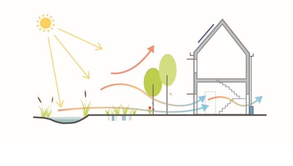 Green and blue infrastructure helps to cool the surrounding environment naturally and reduces the urban heat island effect. Water bodies are known to cool the air and can contribute to a cooler microclimate on the site. Trees outside a building can provide some shade, but they should not be depended on as the sole source of solar shading.
